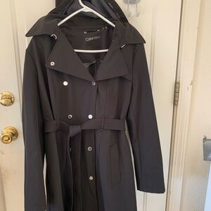 Calvin Klein Black Trench Coat with Belted Waist and Removable Hood | Women XL |